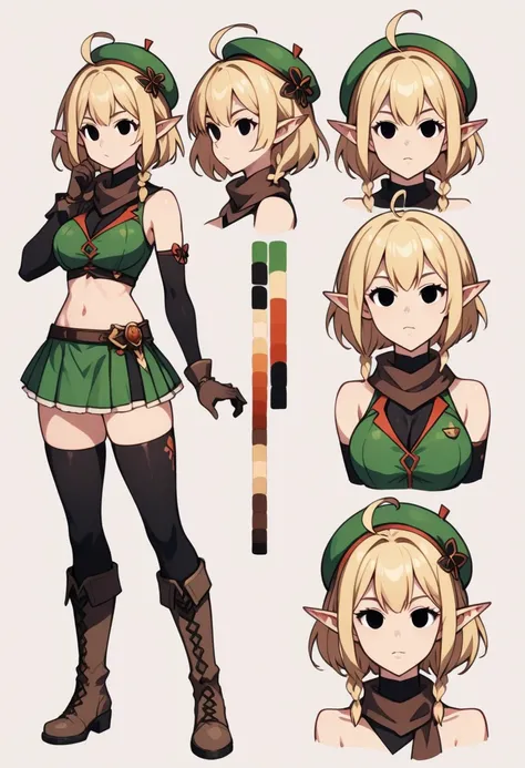 Parisian,1woman,elf,short hair,twin braids,Blonde,(slender),ahoge、empty eyes、black eyes、Big Breasts、tall,brown gloves,black elbow gloves,(black thighhighs)、(black mini beret)、 brown scarf、dark green mini crop top,sleeveless,dark green mini skirt,(brown kne...