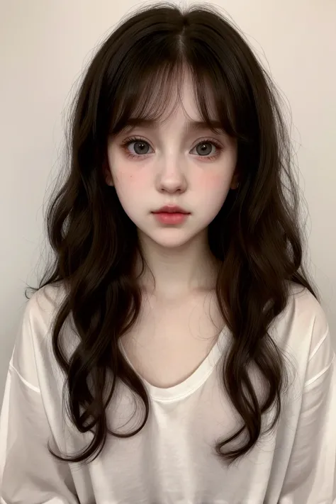 Pretty girl, Scottish girl, feminine face, pale white skin, big black eyes, cute, small nose, juicy lips, very long messy curly hair, wearing shirt, at night 