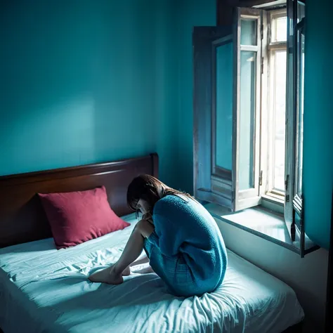 Solo a sad women in sad posture in her bed room, at night, no light in the room. Blue colour.