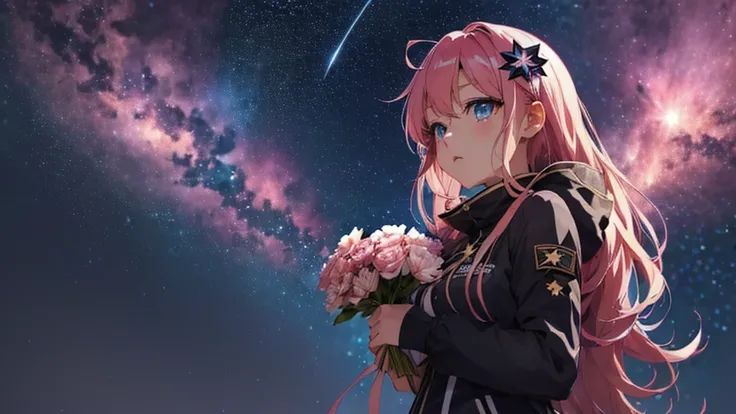 Holding flowers ,  輝く流star , nullを眺める ,　anime girl with pink hair and blue eyes looking up at the stars, starry null!!,  Anime Art Wallpaper 8K ,  anime girl with space hair , anime wallpaper 4k,  anime wallpaper 4k ,  anime art wallpaper 4k ,  Animation A...