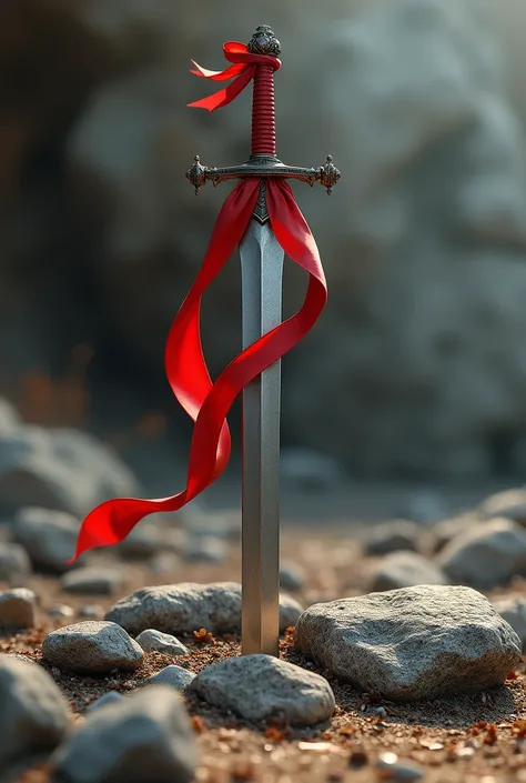 A sword is fixed to the ground between a group of rocks and a red ribbon is attached to its handle and is moved by a light wind