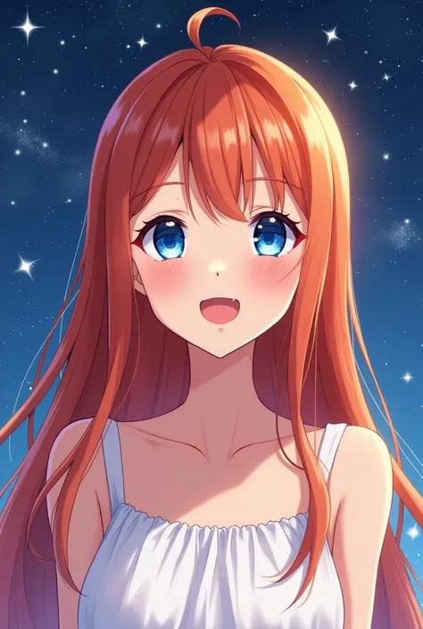 Please 

"A close-up anime-style illustration of an 18-year-old girl, showing her face and a small part of her shoulders. She has long, straight orange hair (redhead), fair skin, bright blue eyes, thin lips, and a beautifully shaped nose. She wears a simpl...