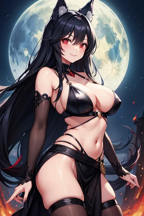  1 Beautiful Girl　Shows up to the waist　 black long hair　Red eyes　 bewitching smile 　Werewolf　 wolf ear　Wolf&#39;s Tail　black and red long dress　villain