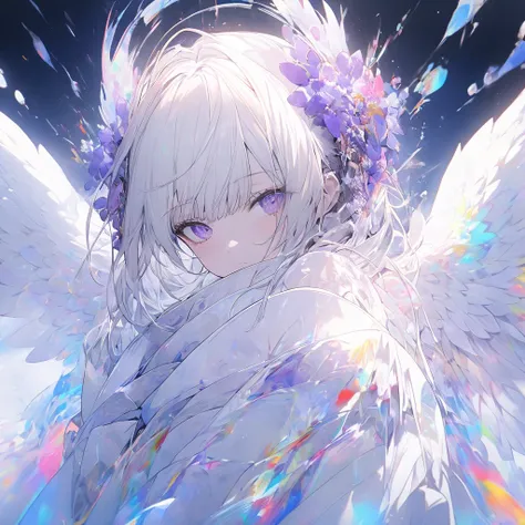 (masterpiece,  top quality),  staring at viewers,  ((white-haired woman)),alone,  white background ,   face up, wearing big headphone, Woman in kimono, ((A woman with angel wings on her back)), floating colorful water