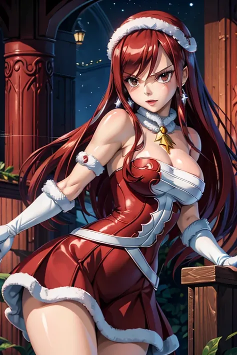 Erza Scarlet (Fairy Tail), masterpiece, Super Detailed, anatomically correct, best quality, high resolution, textured skin, 1 girl, solo, dark red hair, long hair, hair on one eye, brown eyes, diamond-shape silver earrings, fair and soft skin, blush, xmas ...