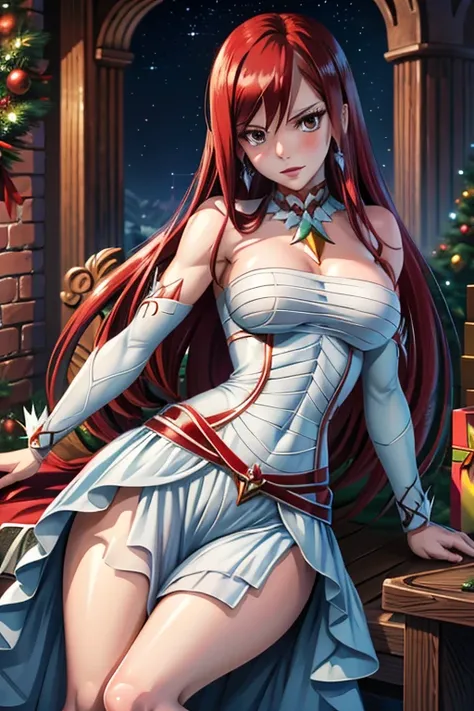 Erza Scarlet (Fairy Tail), masterpiece, Super Detailed, anatomically correct, best quality, high resolution, textured skin, 1 girl, solo, dark red hair, long hair, hair on one eye, brown eyes, diamond-shape silver earrings, fair and soft skin, blush, xmas ...