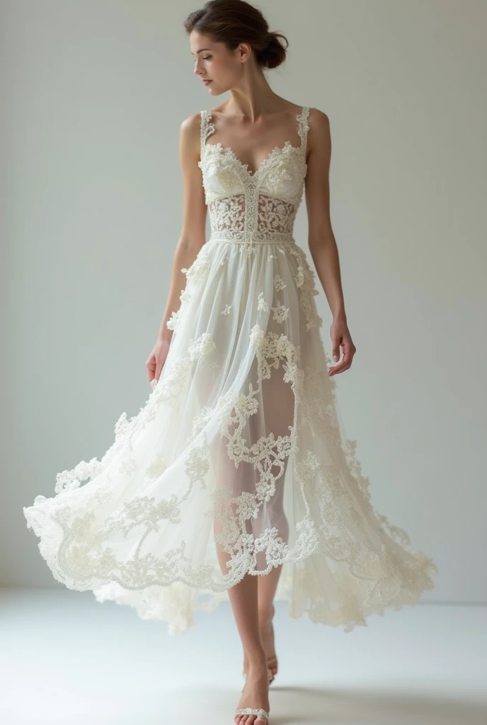 white dress above the knee with very many details 