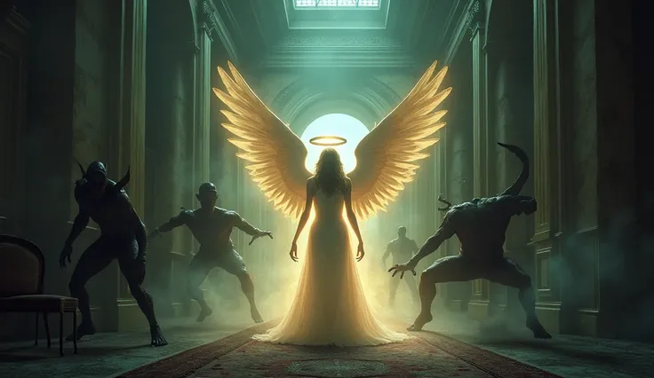 An angel soul fighting with demons in haunted hotel, night 