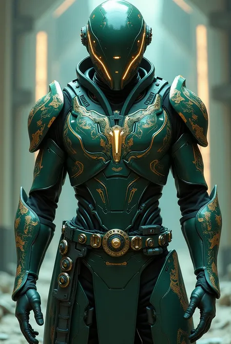  hyperrealism . High, man, elegant,  height 190 cm ,  he has high-tech space armor, futuristic ,  dark emerald matte armor with bright white LEDs, detailed, many protective plates ,  show armor docking . The armor is carved with , gold filigree .  On the h...