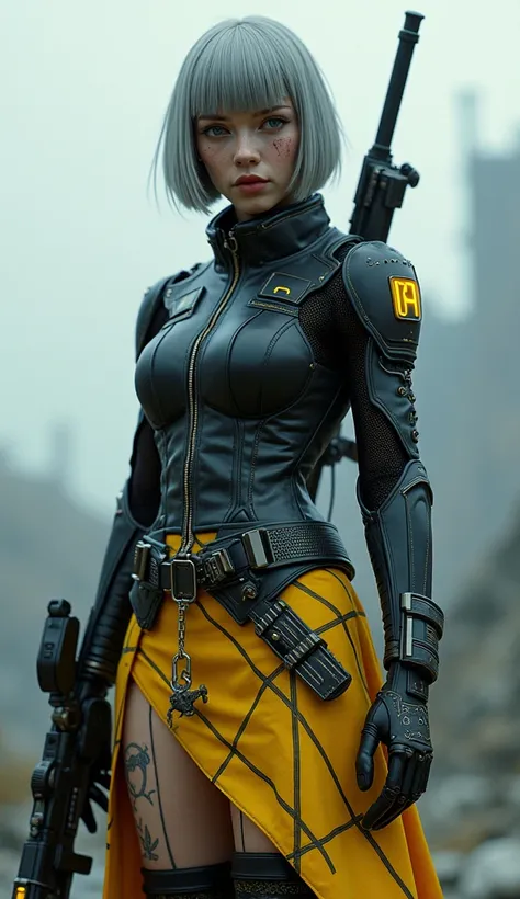 A modern female warrior with an impressive presence is wearing a futuristic and militaristic costume featuring a surreal 、 highly detailed full-body artwork 。She has short bob mesh colored hair 、 subtle highlights add depth to the strands 。 her sharp blue ...