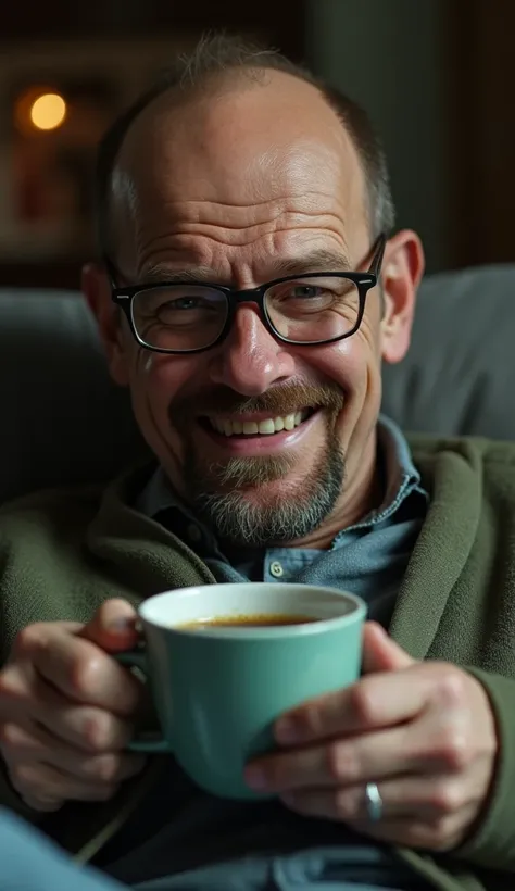 Walter White, wearing his signature glasses and a casual outfit, sits on a comfortable sofa, holding a steaming coffee mug in one hand. His other hand is mid-gesture, moving animatedly as he explains something with a relaxed and confident demeanor. A close...