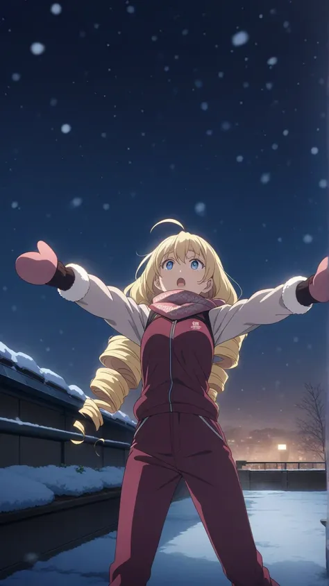 upper body, a girl, facing up, blonde, long hair, drill hair, ahoge, blue eyes, slant eyes, narrow eyes, maroon sportswear long pants, maroon sportswear, Black platform boots, mitten scarf, mittens, w arms, outstretched hand, at midnight, with snow, high s...