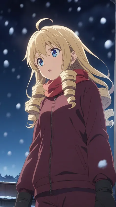 upper body, a girl, facing up, blonde, long hair, drill hair, ahoge, blue eyes, slant eyes, narrow eyes, maroon sportswear long pants, maroon sportswear, Black platform boots, mitten scarf, mittens, w arms, outstretched hand, at midnight, with snow, high s...