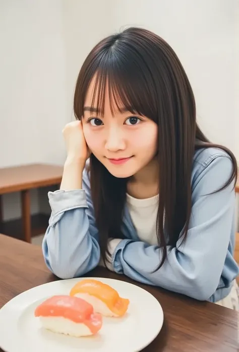  close-up shot ,   salmon sushi on a white plate ,  staring very closely at the sushi under the table、 long haired ,   Slightly high angle  ,  woman looking at sushi from a little below from the front , White background, Focus on sushi , The Woman&#39; Jap...