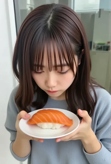  close-up shot ,   salmon sushi on a white plate ,  staring very closely at the sushi under the table、 long haired ,   Slightly high angle  ,  woman looking at sushi from a little below from the front , White background, Focus on sushi , The Woman&#39; Jap...