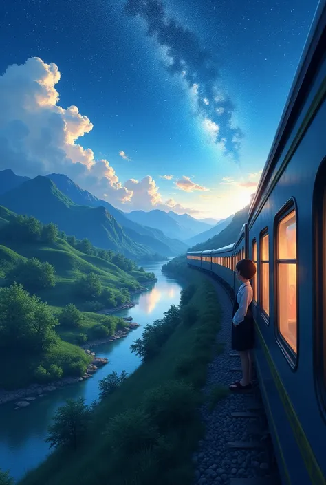 High quality masterpieces, landscapes, clouds, anime train passing water bodies on railway tracks in the distance, bright starry sky. traveler, romantic lights, pixiv, concept art, lofi art style, reflection. Makoto Shinkai, rophy art, beautiful anime scen...