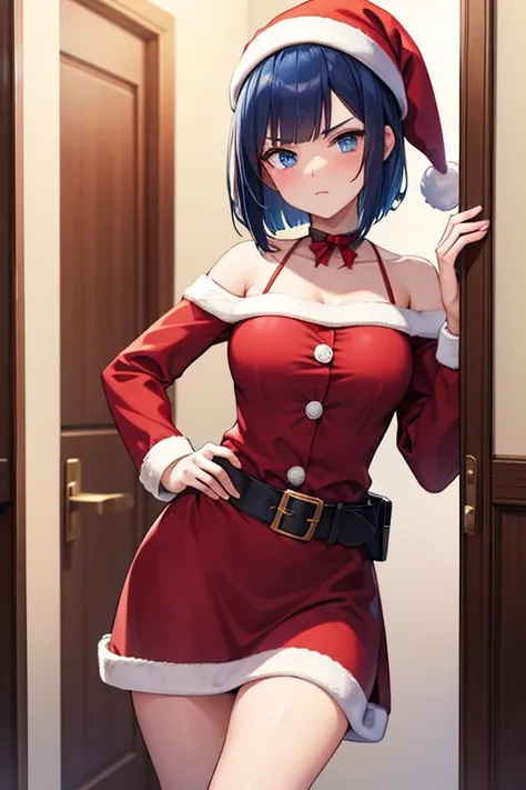  1 Beautiful Girl　Shows up to the waist　 dark blue bob hair　 blue eyes　Glare　Red Santa outfit　red Santa hat 