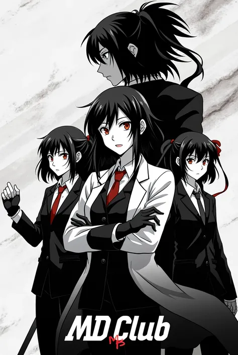 Wallpaper for mafia-themed groups, with the MD club logo near the front of the wallpaper, black and white, using anime characters in jujutsu kaisen For example Shoko Ieiri, Mei Mei and Maki Zenin for 3 girls ,Nanami Kento and Gojo Sotoru for 2 boys.