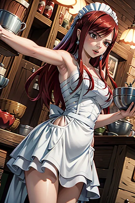 Erza Scarlet (Fairy Tail), masterpiece, Super Detailed, anatomically correct, best quality, high resolution, textured skin, 1 girl, solo, dark red hair, long hair, hair on one eye, brown eyes, diamond-shape silver earrings, fair and soft skin, naked apron,...