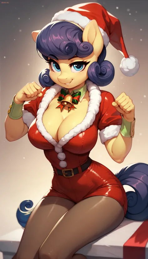 score_9, score_8_up, score_7_up, Suri Polomare, mlp, anthro, 1girl, blue eyes, solo, curly hair, tight body suit pantyhose, large breasts, cleavage, jewellery, 1girl, solo, Christmas clothes, open pose, sit pose, legs together, perfect legs, In half a turn