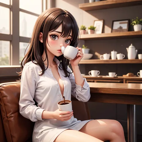 A cute girl calmly drinks coffee ,  while sitting in a cafe dressed only in a shirt over her naked body