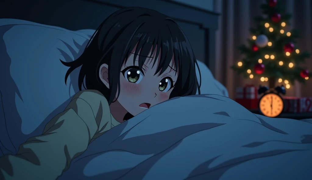 anime style:  Christmas decorations
A young woman is struggling to get out of bed in the morning. The alarm clock blares, but she hits the snooze button repeatedly. The room is dark and cold, and she feels a sense of dread. The overall mood is one of letha...