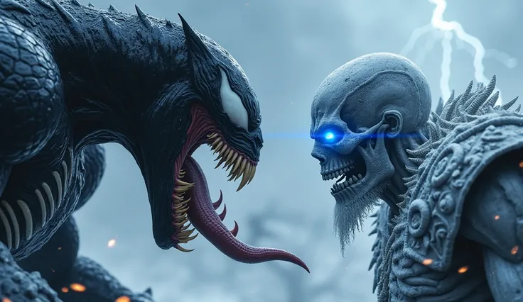 Create an intense scene featuring Venom and the Night King standing face-to-face, both in aggressive, battle-ready postures. Venoms black, sinewy body with sharp teeth and long tongue contrasts with the Night Kings icy, skeletal appearance, glowing blue ey...