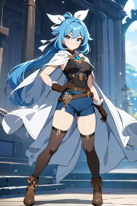 1girl, smile, white big ribbon, vivid blue hair, long blue ponytail, hair ribbon, white cape, black tank top, blue shorts, brown belt, brown boots, gloves, confident expression, standing pose, full body, anime art style, detailed design, highres, masterpie...