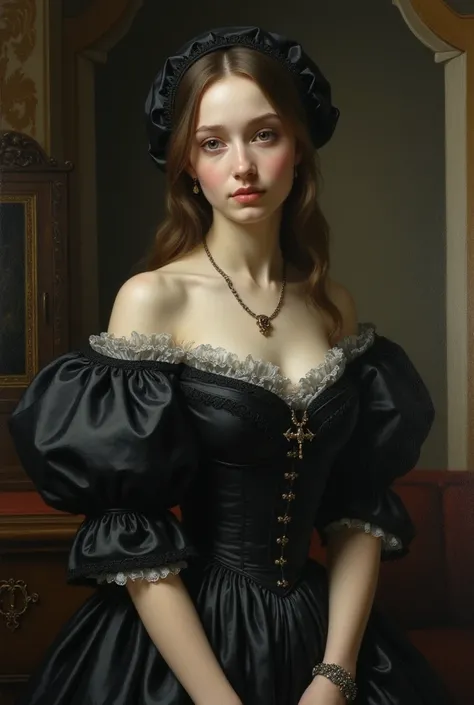 Gothic Art Style 。 oil painting by Johannes Vermeer。 beautiful girl