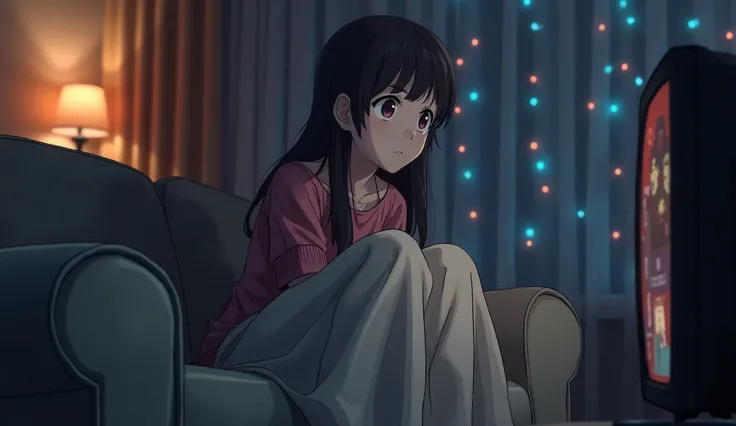 anime style: Christmas decorations A young woman is sitting on a couch, a blanket draped over her legs. Shes staring blankly at the television, unable to focus on the program. The room is dimly lit, and the only sound is the soft hum of the television. Her...