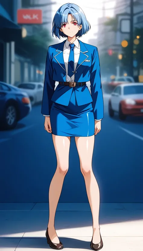 Blue Hair、 short hair、bangs、悲しface、黄colorの瞳、 full body style that reflects your whole body、Normal milk、 narrow waist 、Bare legs、 in a suit、 blue jacket , collared shirt 、 white shirt、 blue tie,belt, blue mini pencil skirt, black tights、White pumps、 officia...