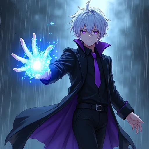 Make a male player white hairs       purple eyes black coat and pant       purple tie and his off hand                appeared blue lighting chidori and Minecraft rainy background 