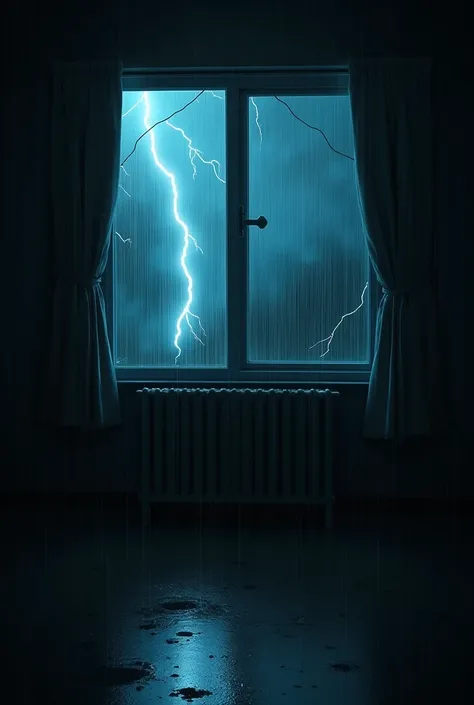 Visual: A dimly lit room during a thunderstorm. The window in the background shows rain streaking down, with occasional flashes of lightning illuminating the room. The lights flicker faintly.
Focus: Sets the eerie tone and environment.