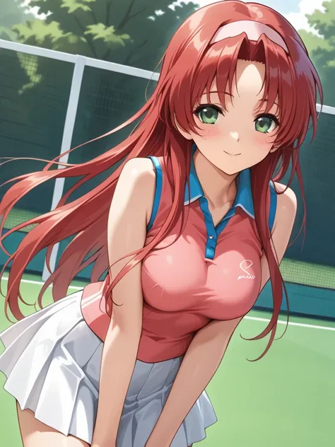 masterpiece, best quality, SetoAyano, 1girl, solo, long hair, red hair, green eyes, breasts, smile, blush, hairband, tennis uniform, outdoor,