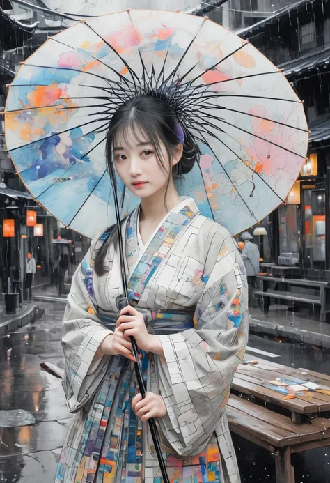 Cute Girl、Colorful umbrellas、The mental world of a mentally ill person 、 full color, Pencil drawing,  Japanese painting,  A Fusion of Woodblock Prints and Oil Paintings ,  Fusion of Watercolor and Oil Paintings , Romantic Art , Mix of monochrome and color,...