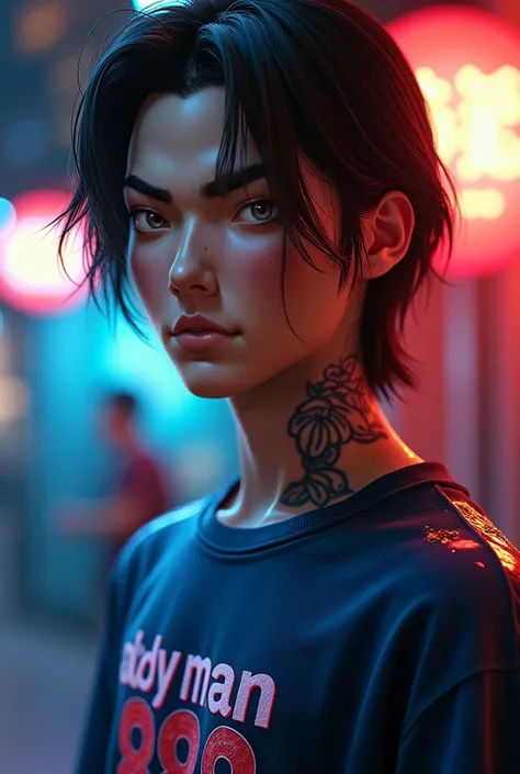 
8K professional ผู้ชายชาวเอเชียผู้มีใบRound face, Long straight hair, Round face"  Glazed tiled finish, Have a tattoo,  Glazed tile skin  , Beautiful eyes ,Thong is wearing a tight T-shirt in bright dark blue., With a , ""baby man 888"",  Bright colors,  ...