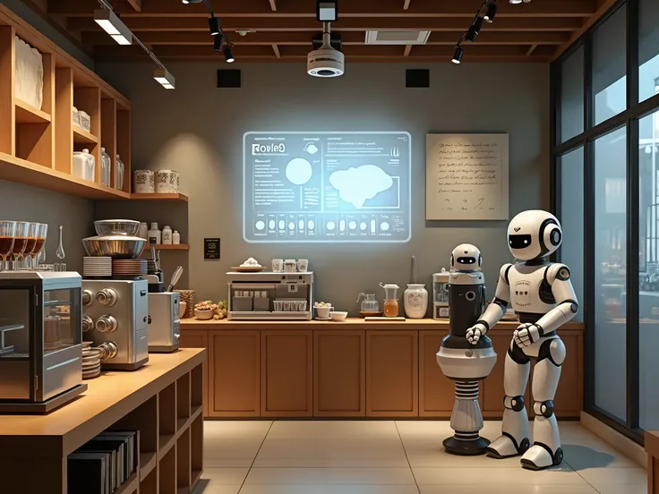  coffee shop. T has a coffee serving robot and a coffee maker robot., There is a wall as a holographic page showing weather information.,There is a CCTV camera on the ceiling , showing everything inside the shop. 