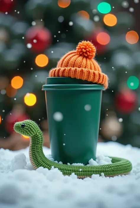 green matte coffee cup with a lid and an orange hat stands in the snow, next to lies a toy crocheted kawaii snake, Christmas tree toys, cones falling fluffy snow, flashing multicolored lights on the Christmas tree 