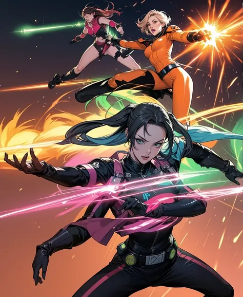 A brave and daring image of the six-woman Ranger team, Each is decorated with the following vibrant colors:: neon pink, Sunset Orange, Fire engine red, plasma violet, Fluorescent Green, shocking yellow. A dynamic pose with a background that oozes energy an...