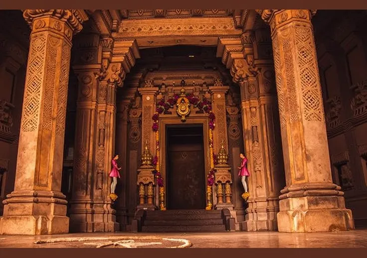 A serene indoor view of a traditional Indian temple. The temple features intricately carved stone pillars, beautifully detailed wall sculptures depicting Hindu deities, and a central sanctum with a golden deity idol adorned with flowers and sacred ornament...