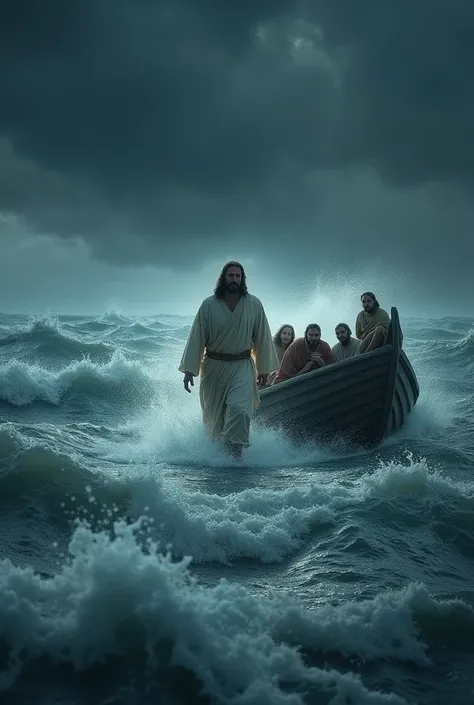 Ralistic. John 6:18-19 NIV
[18] A strong wind was blowing and the waters grew rough. [19] When they had rowed about three or four miles, they saw Jesus approaching the boat, walking on the water; and they were frightened. 

https://bible.com/bible/111/j...