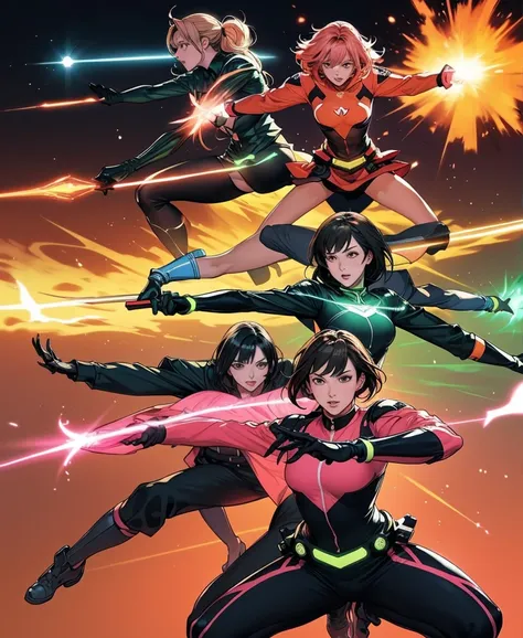 A brave and daring image of the six-woman Ranger team, Each is decorated with the following vibrant colors:: neon pink, Sunset Orange, Fire engine red, plasma violet, Fluorescent Green, shocking yellow. A dynamic pose with a background that oozes energy an...