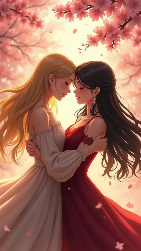 Two stunningly beautiful women embracing each other in a heartfelt and tender hug, their expressions filled with warmth and emotion, one woman has long, flowing golden hair and wears a flowing, pastel-colored silk dress, while the other has elegant raven-b...