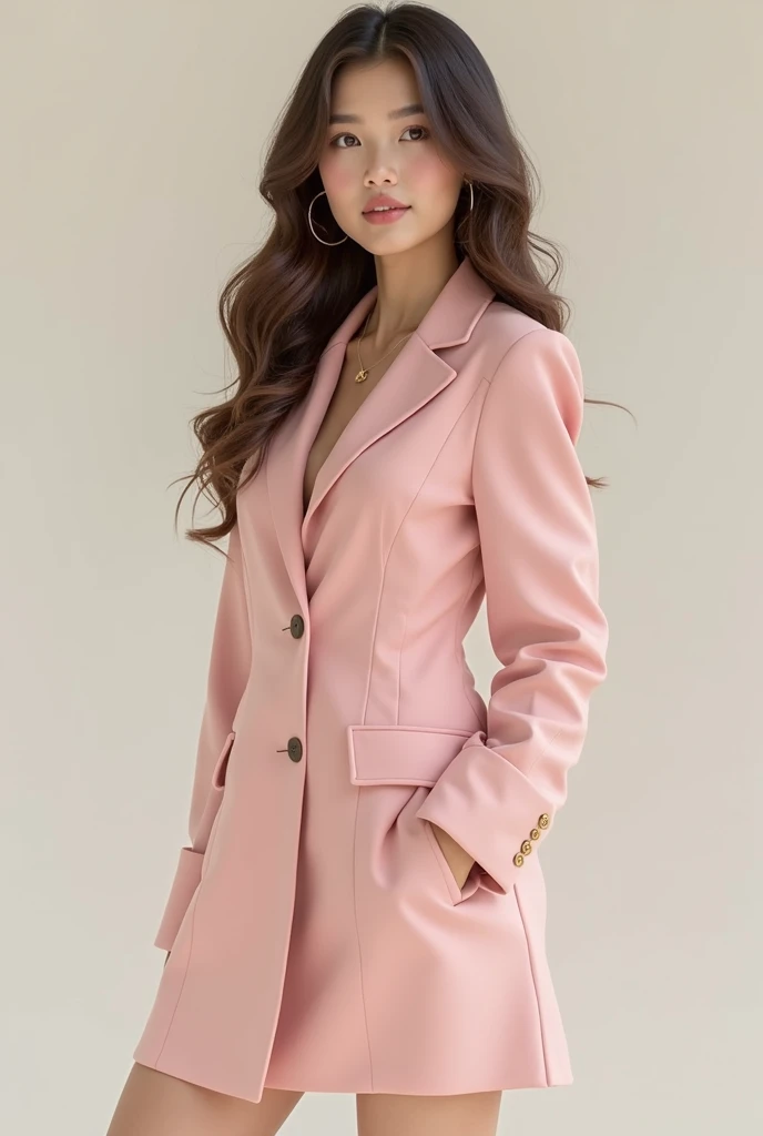 A beautiful cream tone girl, wearing pink four button blazer dress, white block heel boots, open wavy hair