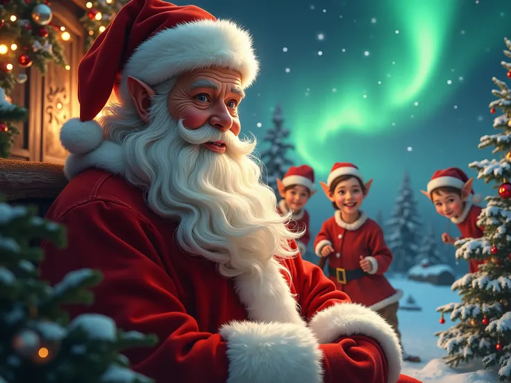  Realistic and magical Santa Claus postcard, with the elves ,  happy and Christmas decoration ,  in high quality 
Que tambien se vean las auroras boreales que tengan un aspecto mas humano