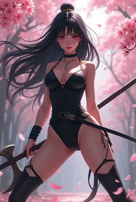 Whole body expression、Female Swordsman、One woman、18 years old、 long black hair、 with bangs aligned above the eyebrows 、 pretty girl、I have an axe in my right hand 、He is holding a Japanese sword in his left hand.、Wear a black bodysuit without sleeves 、Legs...