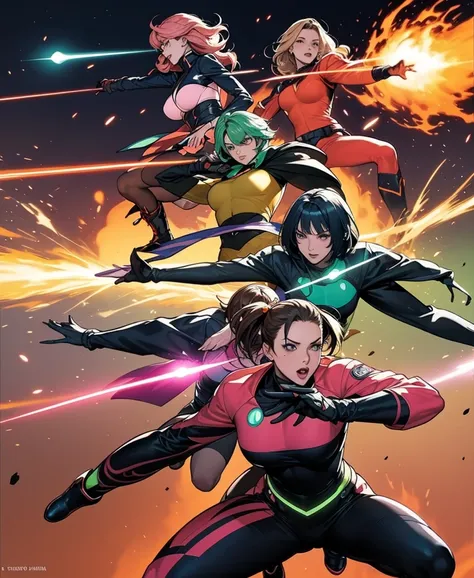 A brave and daring image of the six-woman Ranger team, Each is decorated with the following vibrant colors:: neon pink, Sunset Orange, Fire engine red, plasma violet, Fluorescent Green, shocking yellow. A dynamic pose with a background that oozes energy an...