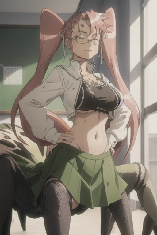 (best quality, masterpiece:1), saya takagi, twintails, brown eyes, hair ribbon, pink hair, glasses, skirt, school uniform, portrait, smile, half-closed eyes, indoors, arachnecpt, arachne anthro, spider girl, spider abdomen, sexy posture , wide hips, gigant...