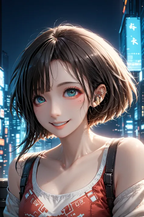  An 18-year-old girl with a bright smile 。Shes a woman with a lovely smile 。 in a cyberpunk world where the sunrise is dazzling 、The sun is shining々While it shines 、A fearless girl defies gravity from a skyscraper 、 jumps down in a dynamic pose in a thrill...