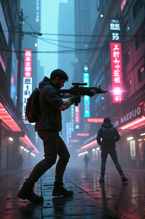 A picture of a nice background fighting with a gun in a cyberpunk-like game